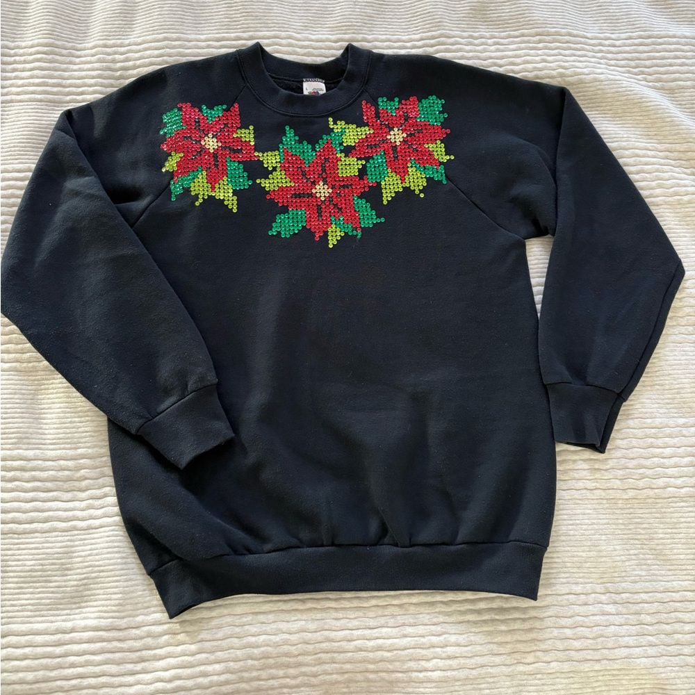 Vintage Crewneck Christmas Poinsettia Sequin Sweatshirt‎ Black Size L